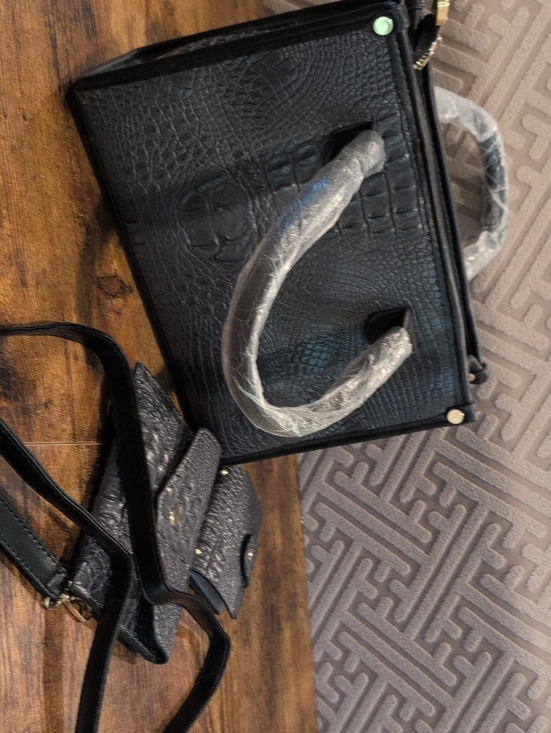 Handbags - Black Croc-Embossed Tote Bag with Matching Crossbody